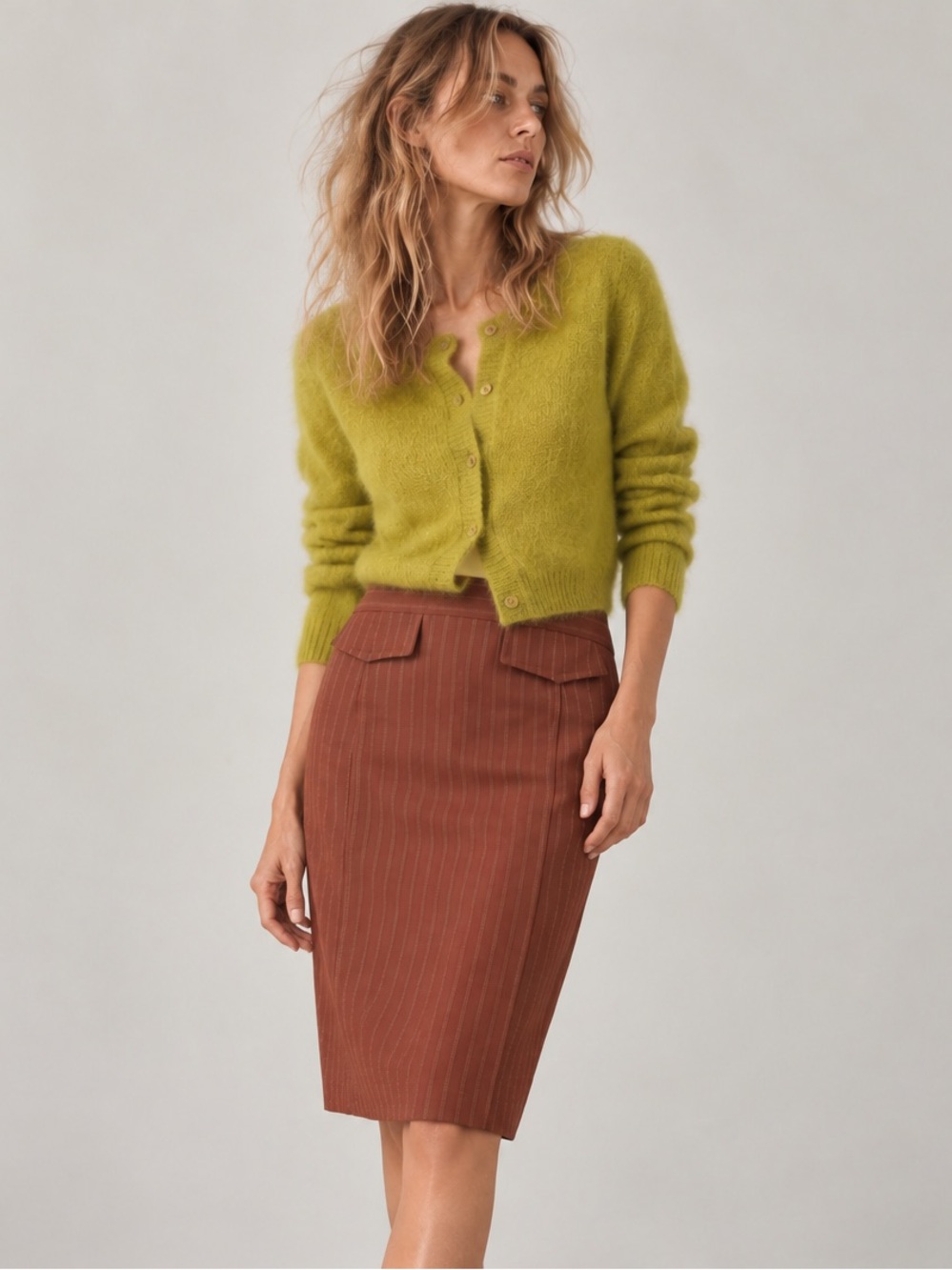 Dries Van Noten brown  Pinstripe High-Waist Pencil Skirt